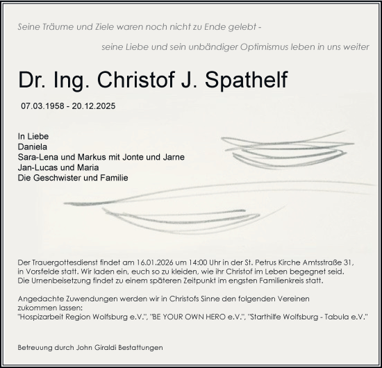 Traueranzeige von Christof J. Spathelf von Braunschweiger Zeitung, Wolfsburger Nachrichten