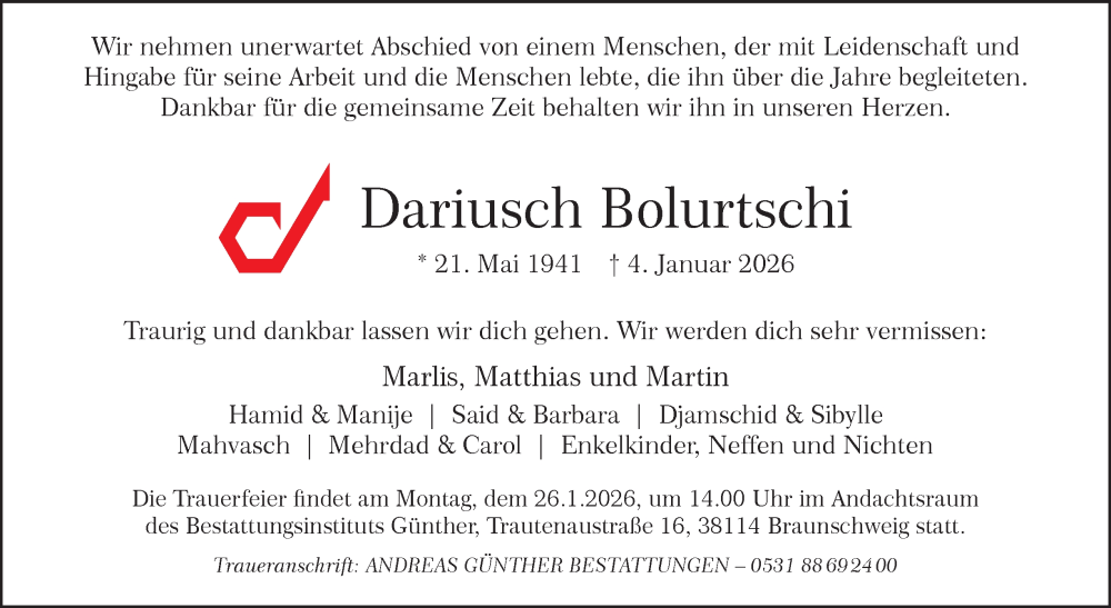  Traueranzeige für Dariusch Bolurtschi vom 17.01.2026 aus Salzgitter-Zeitung