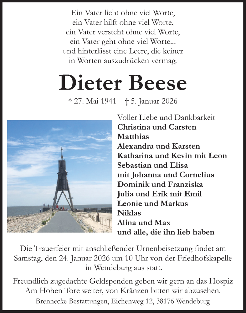  Traueranzeige für Dieter Beese vom 10.01.2026 aus Braunschweiger Zeitung