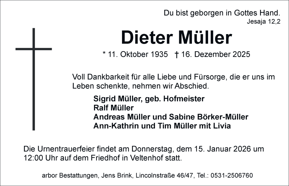  Traueranzeige für Dieter Müller vom 03.01.2026 aus Braunschweiger Zeitung