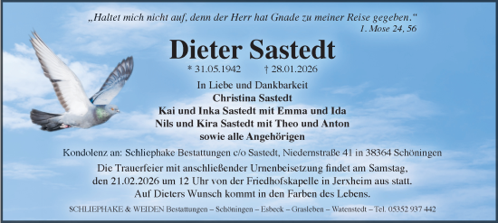 Traueranzeige von Dieter Sastedt von Braunschweiger Zeitung, Braunschweiger Zeitung, Salzgitter-Zeitung, Wolfsburger Nachrichten