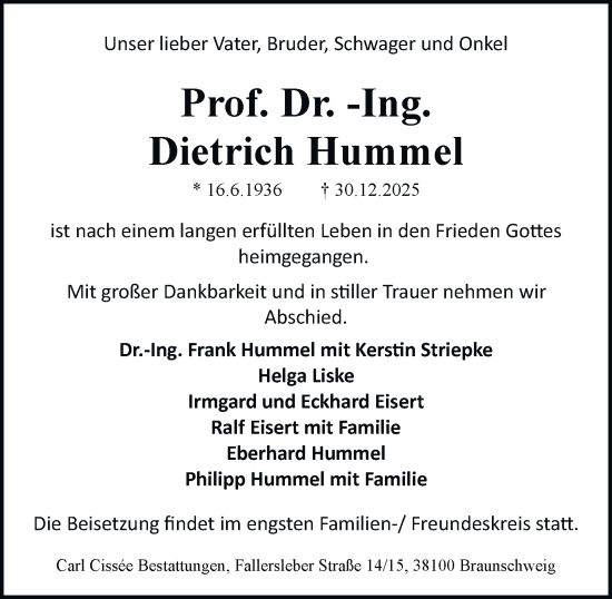 Traueranzeige von Dietrich Hummel von Braunschweiger Zeitung