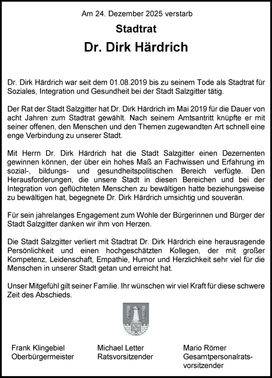 Traueranzeige von Dirk Härdrich von Salzgitter-Zeitung