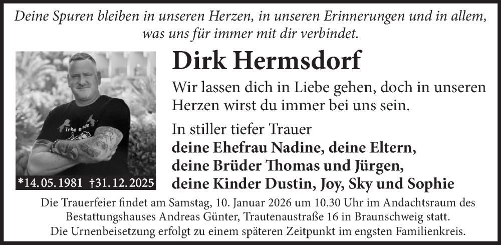  Traueranzeige für Dirk Hermsdorf vom 09.01.2026 aus Braunschweiger Zeitung