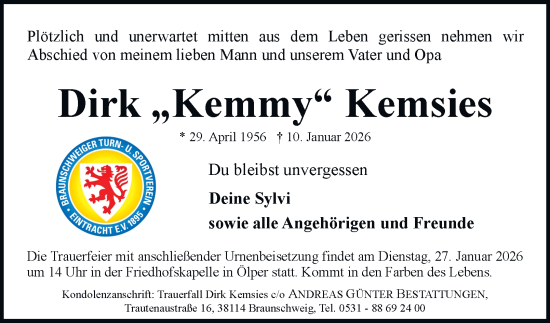 Traueranzeige von Dirk Kemsies von Braunschweiger Zeitung