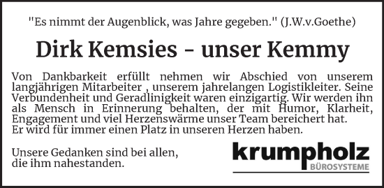 Traueranzeige von Dirk Kemsies von Salzgitter-Zeitung