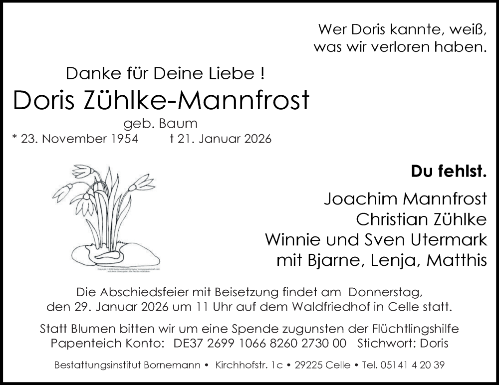  Traueranzeige für Doris Zühlke-Mannfrost vom 24.01.2026 aus 