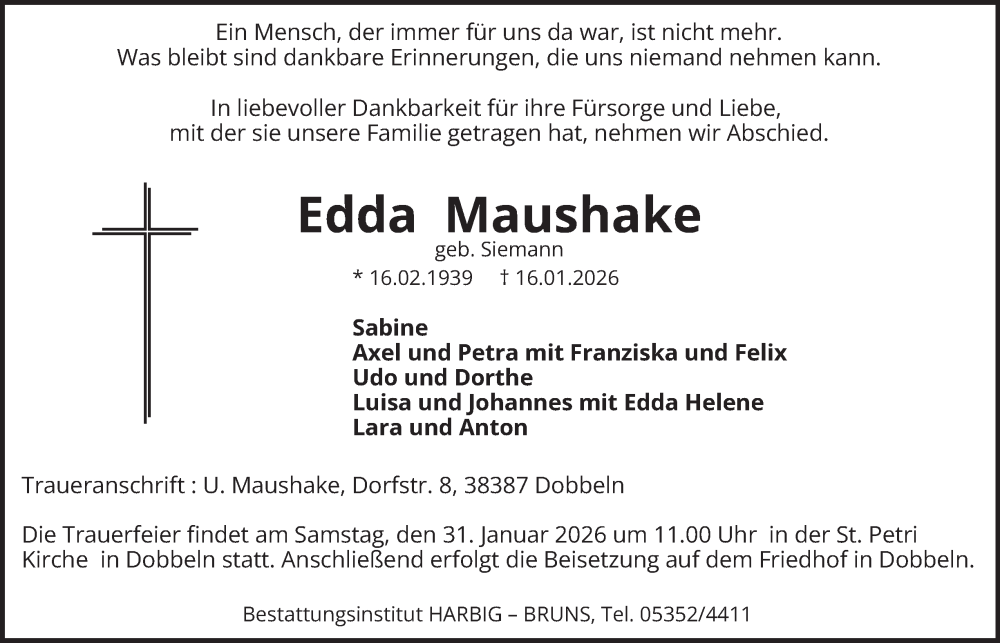  Traueranzeige für Edda Maushake vom 24.01.2026 aus Helmstedter Nachrichten