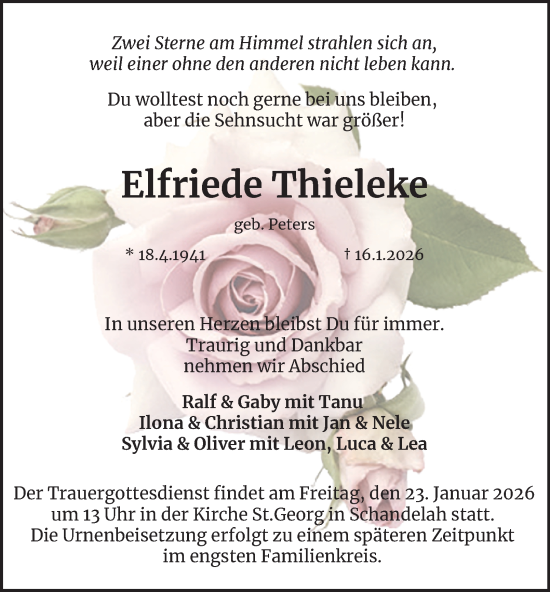 Traueranzeige von Elfriede Thieleke von Wolfenbütteler Zeitung
