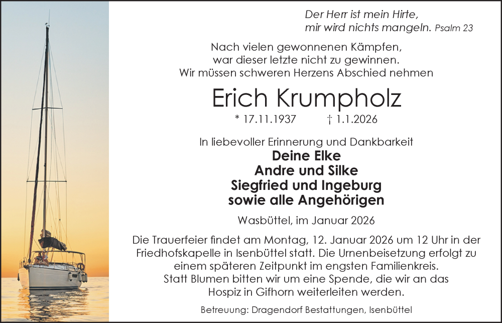  Traueranzeige für Erich Krumpholz vom 07.01.2026 aus Braunschweiger Zeitung, Wolfsburger Nachrichten