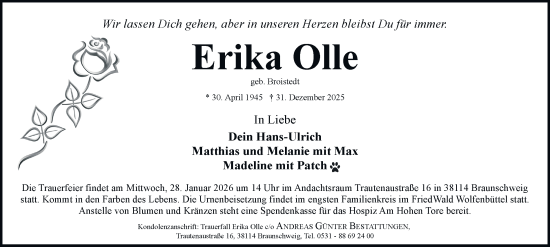 Traueranzeige von Erika Olle von Braunschweiger Zeitung