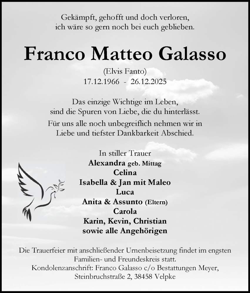  Traueranzeige für Franco Matteo Galasso vom 10.01.2026 aus Helmstedter Nachrichten