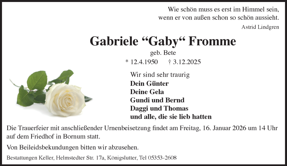  Traueranzeige für Gabriele Fromme vom 10.01.2026 aus Helmstedter Nachrichten