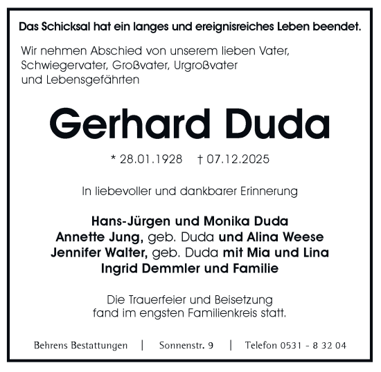Traueranzeige von Gerhard Duda 