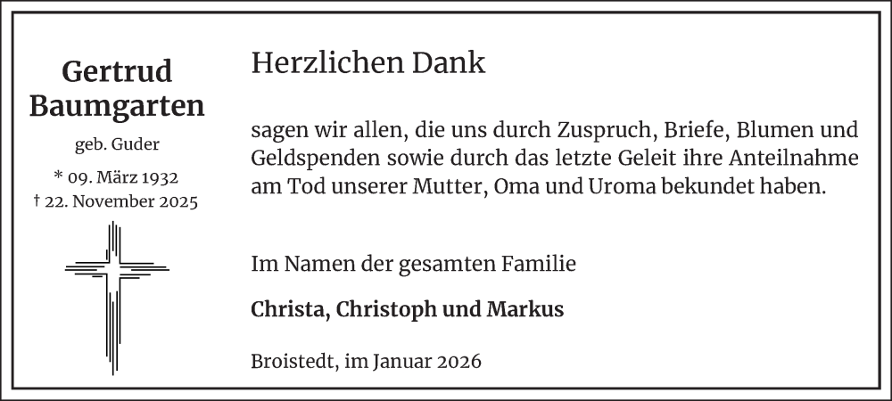  Traueranzeige für Gertrud Baumgarten vom 10.01.2026 aus Peiner Nachrichten