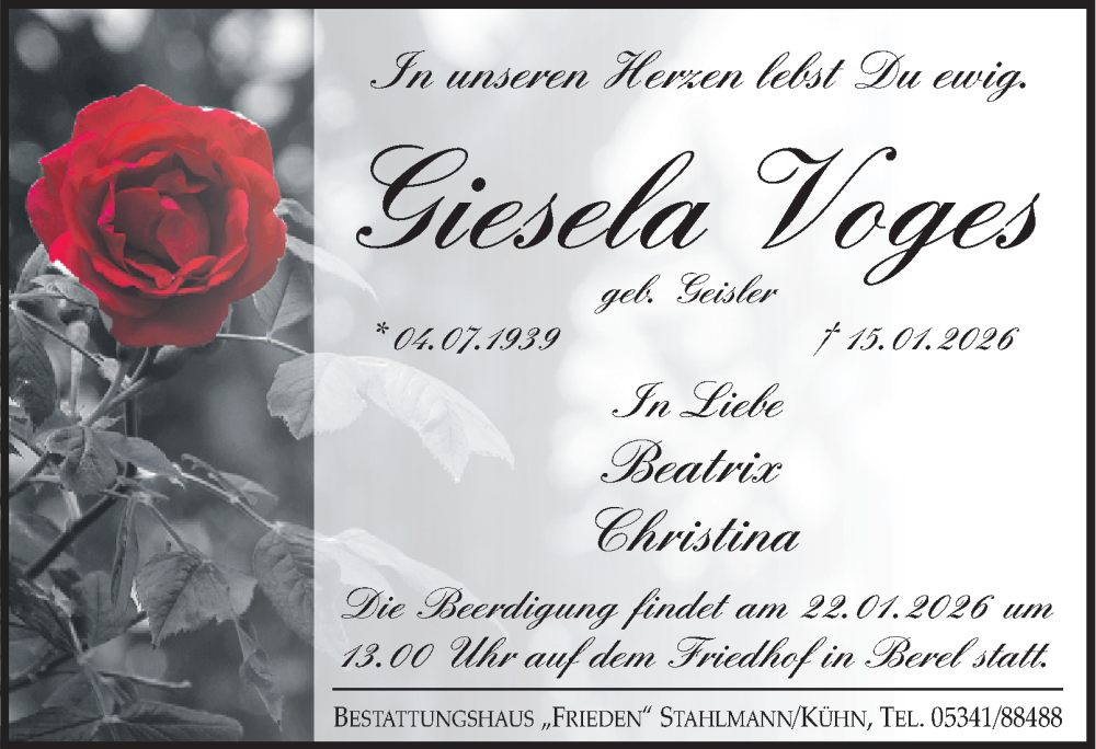  Traueranzeige für Giesela Voges vom 20.01.2026 aus Salzgitter-Zeitung