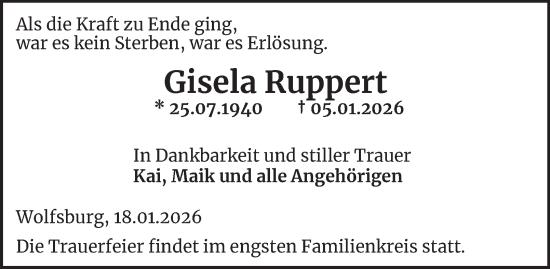 Traueranzeige von Gisela Ruppert von Wolfsburger Nachrichten