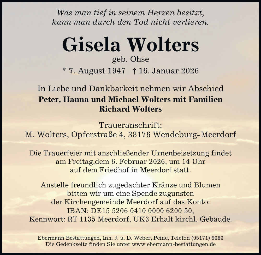  Traueranzeige für Gisela Wolters vom 24.01.2026 aus Peiner Nachrichten