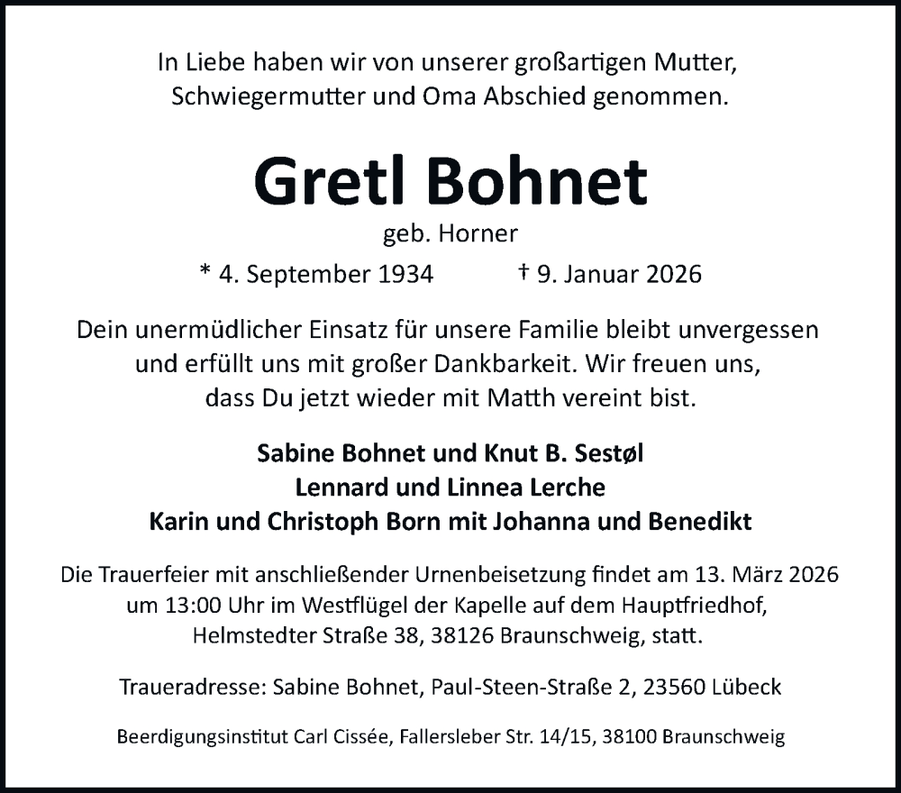  Traueranzeige für Gretl Bohnet vom 17.01.2026 aus Braunschweiger Zeitung