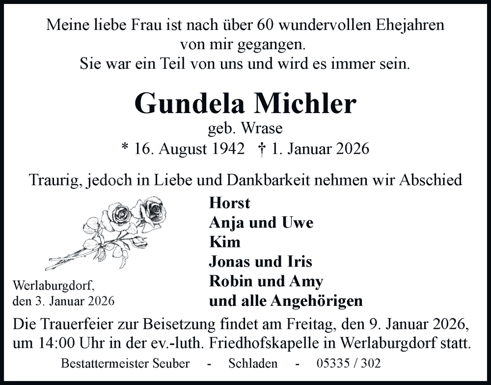  Traueranzeige für Gundela Michler vom 07.01.2026 aus Wolfenbütteler Zeitung