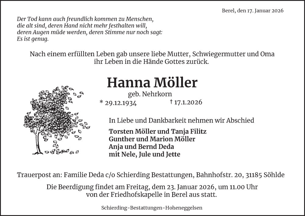  Traueranzeige für Hanna Möller vom 21.01.2026 aus Salzgitter-Zeitung