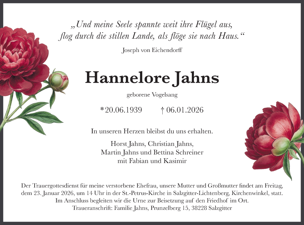  Traueranzeige für Hannelore Jahns vom 17.01.2026 aus Salzgitter-Zeitung