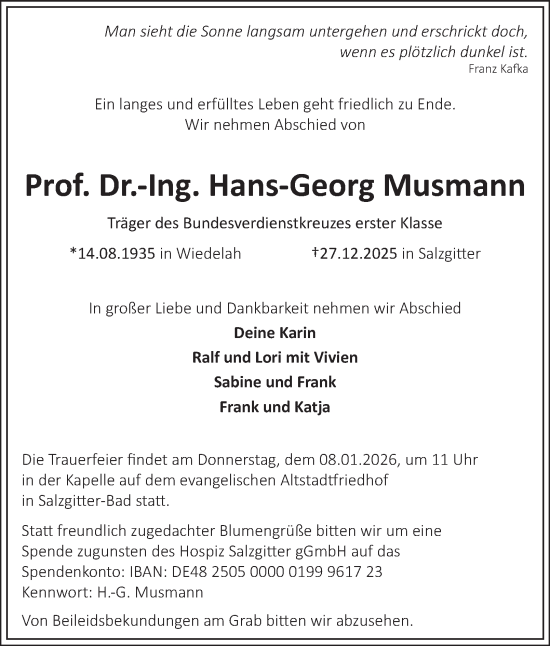 Traueranzeige von Hans-Georg Musmann von Salzgitter-Zeitung