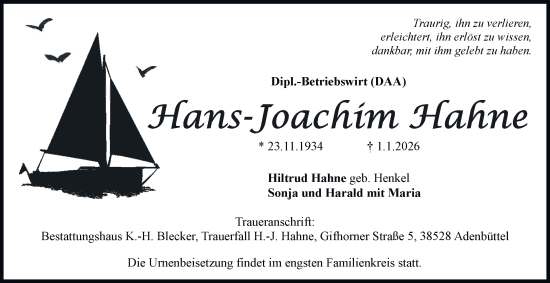 Traueranzeige von Hans-Joachim Hahne von Braunschweiger Zeitung