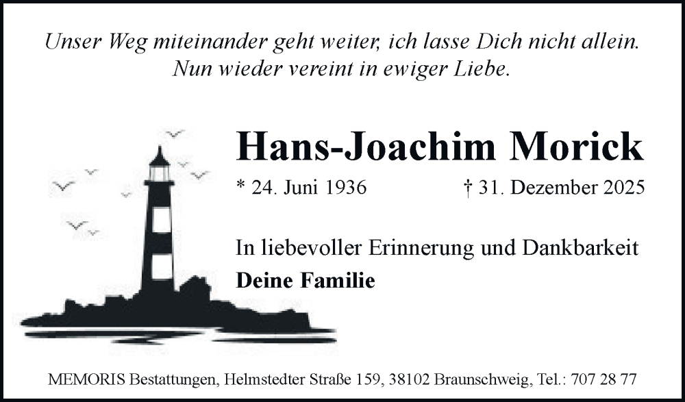  Traueranzeige für Hans-Joachim Morick vom 17.01.2026 aus Braunschweiger Zeitung