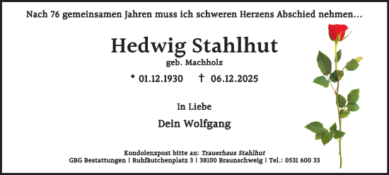 Traueranzeige von Hedwig Stahlhut von Braunschweiger Zeitung