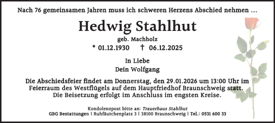 Traueranzeige von Hedwig Stahlhut von Braunschweiger Zeitung