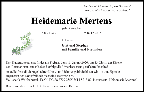 Traueranzeige von Heidemarie Mertens von Peiner Nachrichten