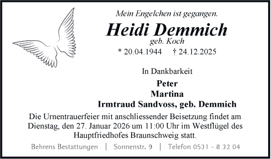 Traueranzeige von Heidi Demmich von Braunschweiger Zeitung