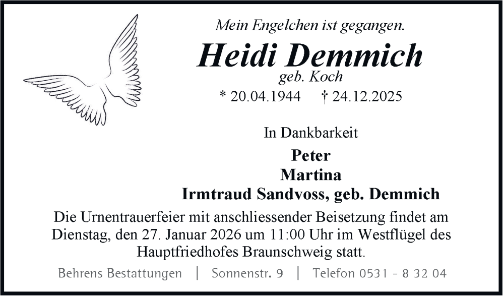  Traueranzeige für Heidi Demmich vom 17.01.2026 aus Braunschweiger Zeitung