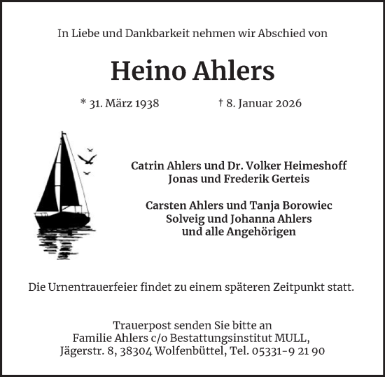 Traueranzeige von Heino Ahlers von Braunschweiger Zeitung