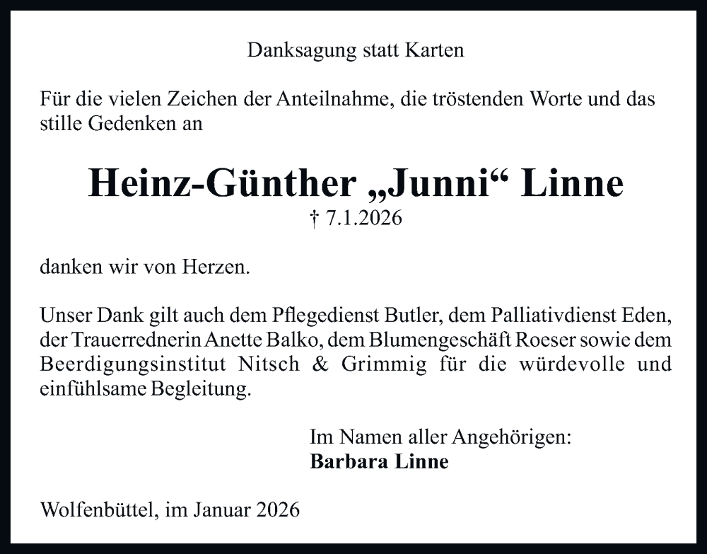  Traueranzeige für Heinz-Günther Linne vom 24.01.2026 aus Wolfenbütteler Zeitung