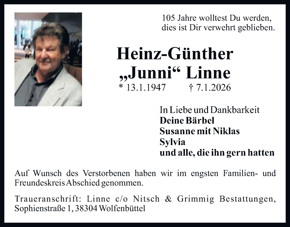  Traueranzeige für Heinz-Günther Linne vom 17.01.2026 aus Wolfenbütteler Zeitung