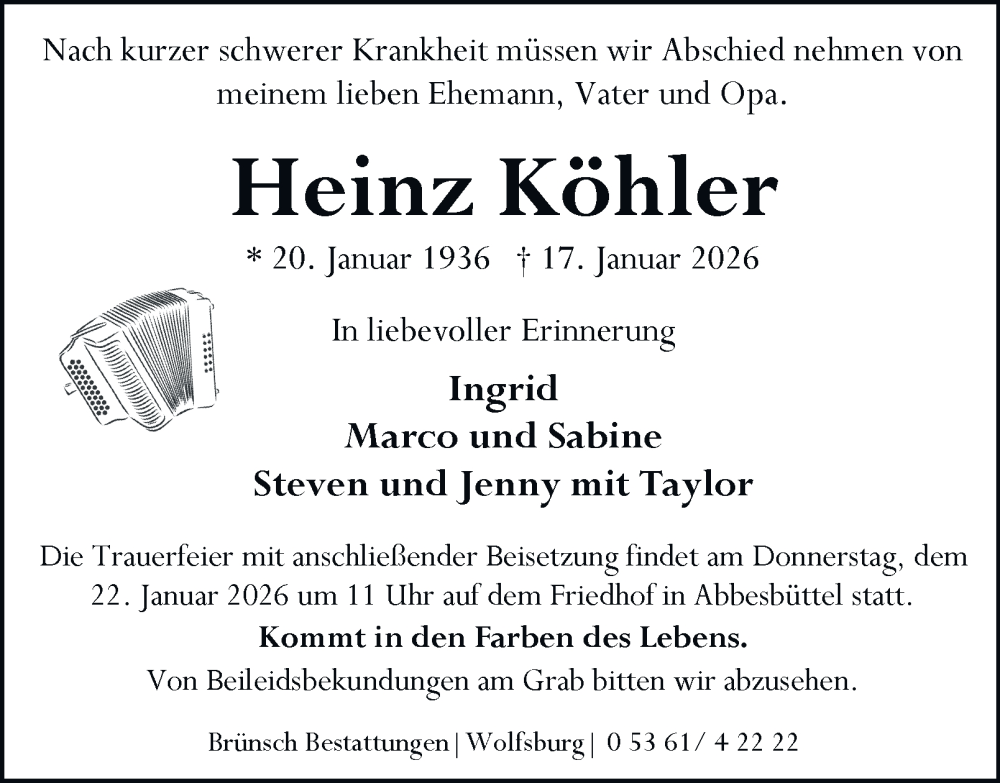  Traueranzeige für Heinz Köhler vom 21.01.2026 aus 