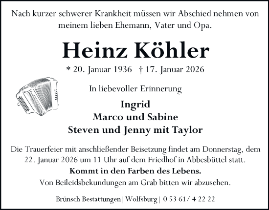 Traueranzeige von Heinz Köhler 