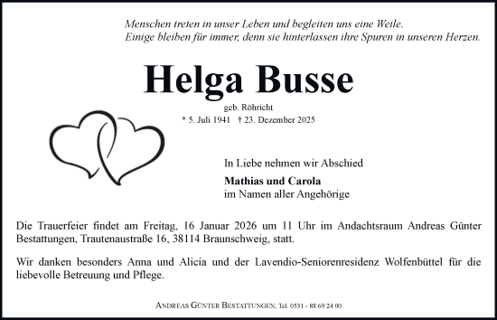 Traueranzeige von Helga Busse von Braunschweiger Zeitung