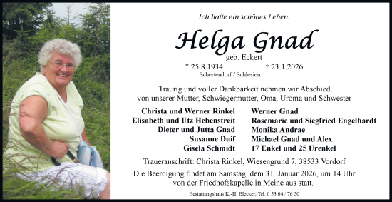 Traueranzeige von Helga Gnad von Braunschweiger Zeitung, Wolfsburger Nachrichten