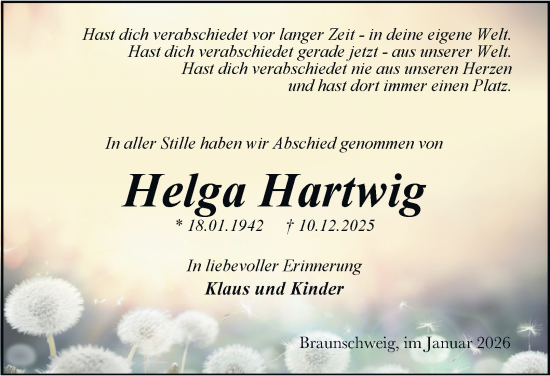 Traueranzeige von Helga Hartwig von Braunschweiger Zeitung