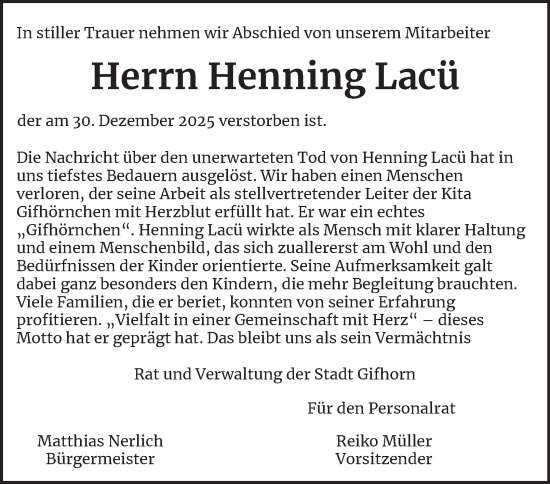 Traueranzeige von Henning Lacü von Braunschweiger Zeitung, Wolfsburger Nachrichten