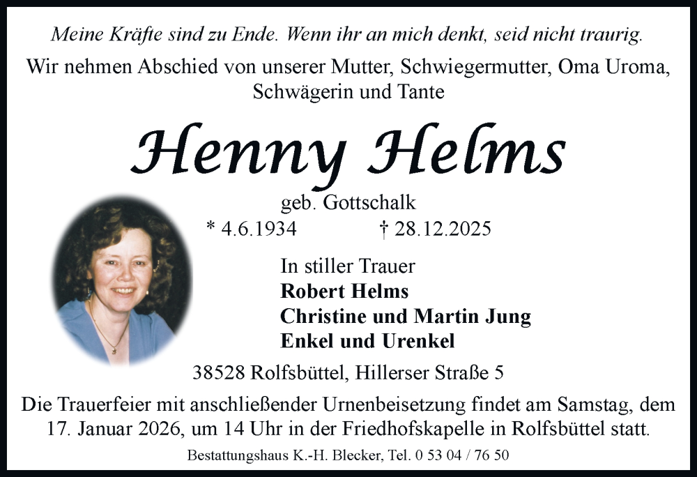  Traueranzeige für Henny Helms vom 10.01.2026 aus Braunschweiger Zeitung, Wolfsburger Nachrichten
