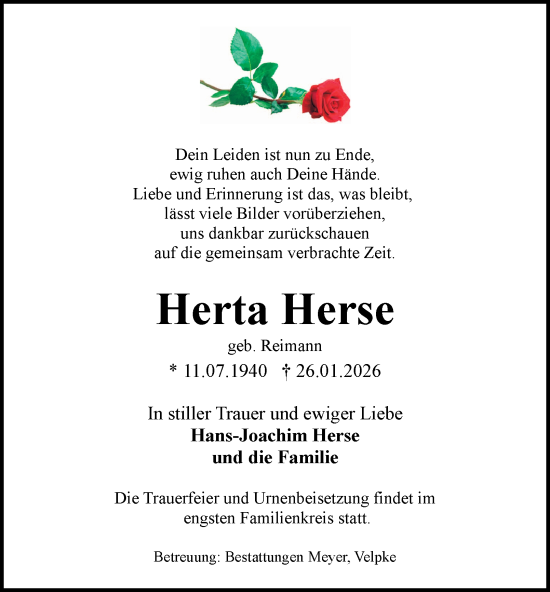 Traueranzeige von Herta Herse von Braunschweiger Zeitung, Wolfsburger Nachrichten