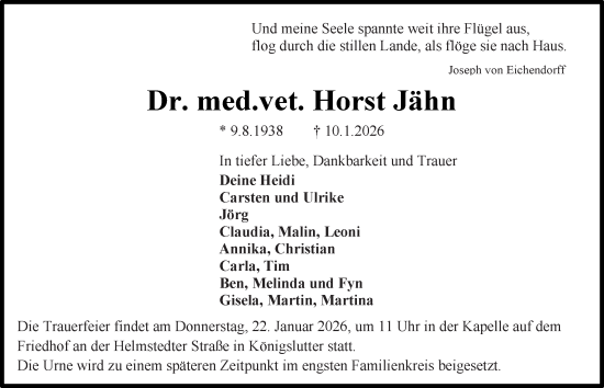 Traueranzeige von Horst Jähn von Helmstedter Nachrichten