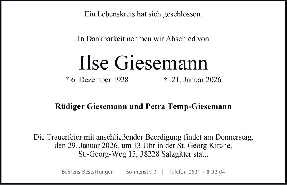 Traueranzeige für Ilse Giesemann vom 24.01.2026 aus Salzgitter-Zeitung
