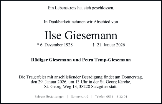 Traueranzeige von Ilse Giesemann von Salzgitter-Zeitung