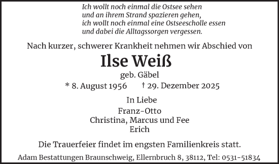 Traueranzeige von Ilse Weiß von Braunschweiger Zeitung