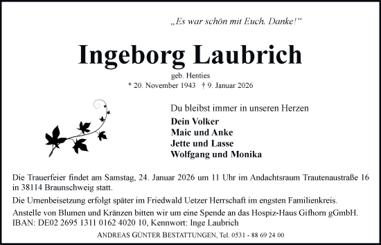 Traueranzeige von Ingeborg Laubrich von Braunschweiger Zeitung